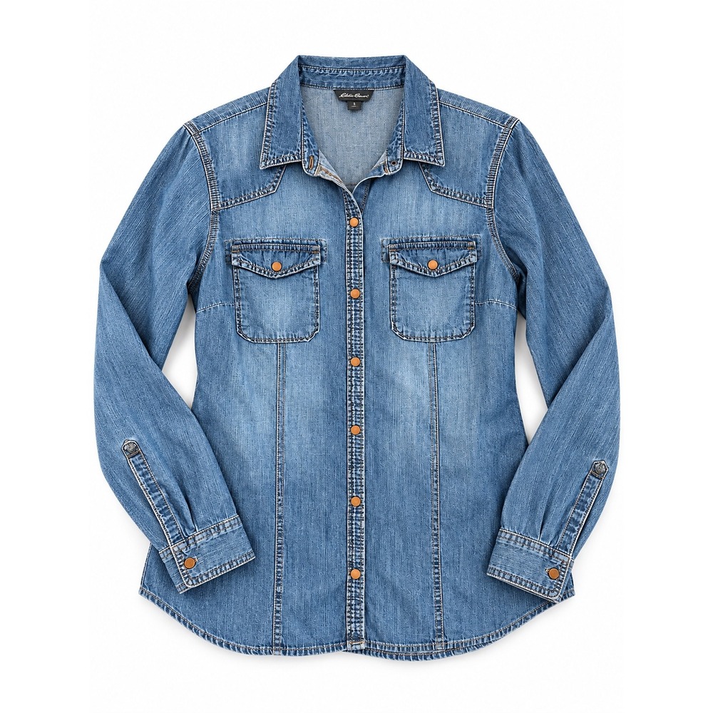 Eddie Bauer Women's Denim Shirt Snap Front Western 100% Cotton Blue Size Medium